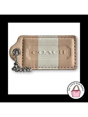 COACH HANG TAG 3" Buff Tan Nude White Stripe Leather Bag Charm Keychain X-Large